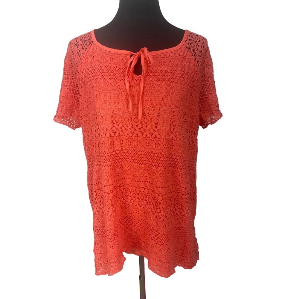 CATO Orange/Tangerine Layered Women's 2X Short Sleeve Tie Neck Top